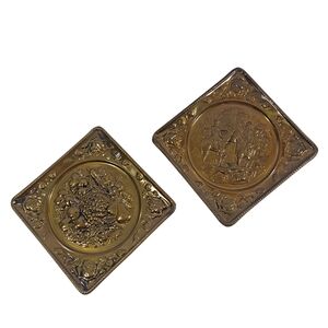 VTG Brass Wall Plaques Embossed Decorative Plates Floral & Hunter Scene England